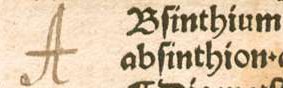 Abbildung eines Buchausschnitts, zeigt die Versalie A im Wort ABsinthium