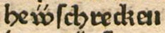 Abbildung eines Buchausschnitts, zeigt das Wort 'hev̈vſchrecken' mit einer Ligatur aus 'v̈' und 'v'